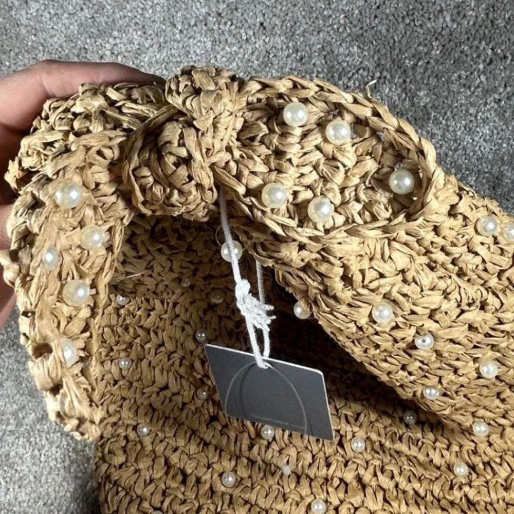 Haute Hippie Hobo Bag Tan Faux Pearl Straw Knotted Handle Women Purse